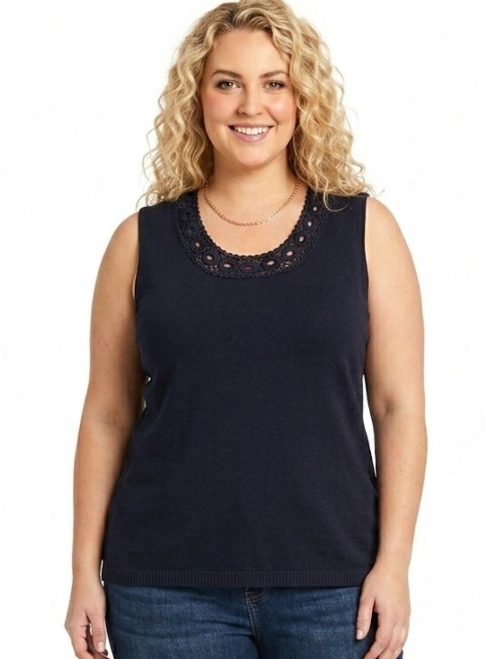 XL Sleeveless Crochet-Neck Knit Top - Black